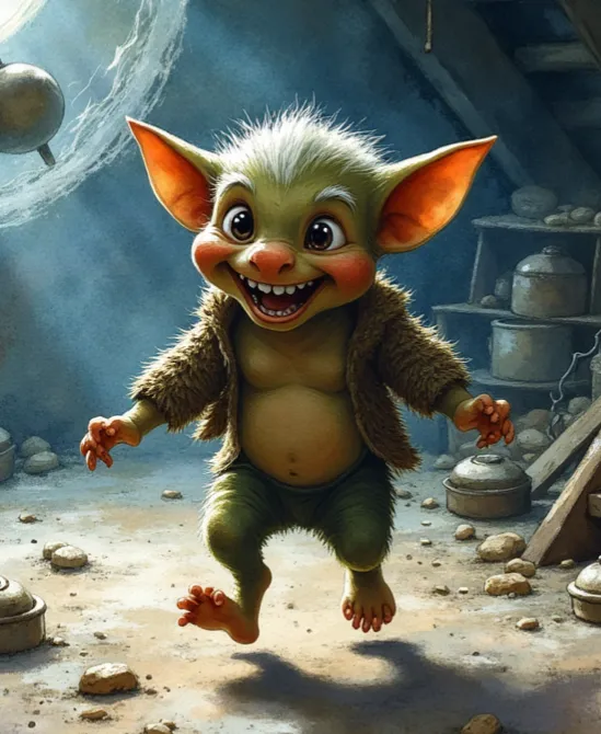 Kobold als kleines, grünliches Wesen mit großen Ohren und breitem Grinsen, das in einer unordentlichen Kammer fröhlich umherspringt