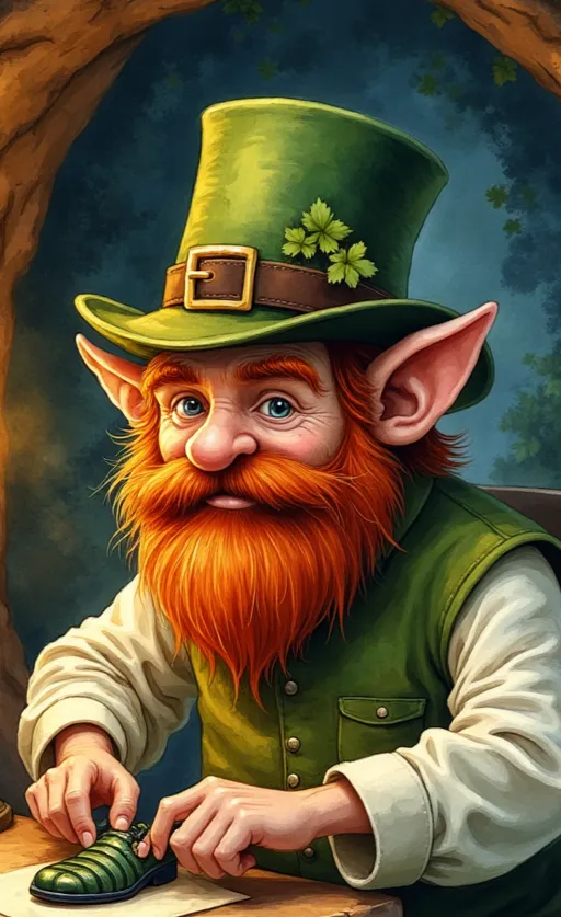 Leprechaun mit großem rotem Bart und grünem Zylinder, der mit einem Kleeblatt geschmückt ist und sorgfältig einen kleinen grünen Schuh anfertigt