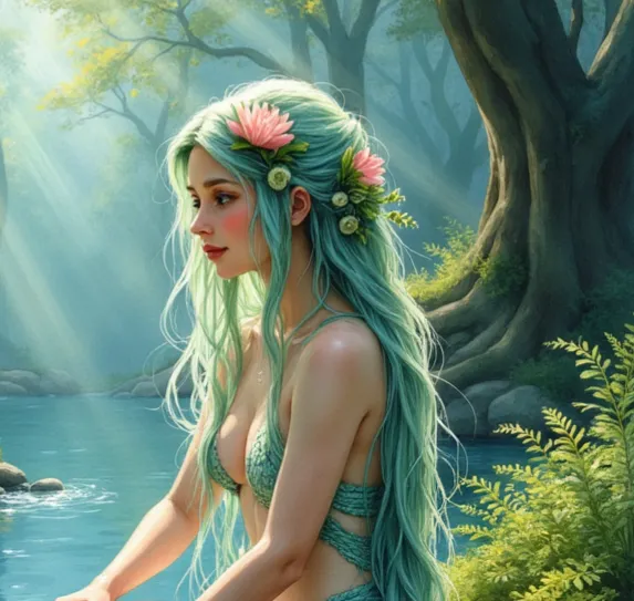Najade mit langen, türkisfarbenen Haaren, die mit rosa Seerosen geschmückt sind, sitzt an einem klaren Gewässer in einem sonnendurchfluteten Wald