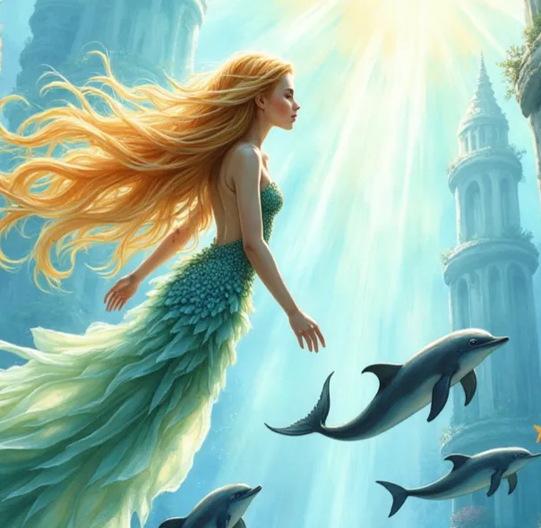 Nereide mit langen blonden Haaren und einem grünen Schuppenkleid, die im sonnendurchfluteten Meer elegant zwischen Delfinen und versunkenen Türmen schwimmt