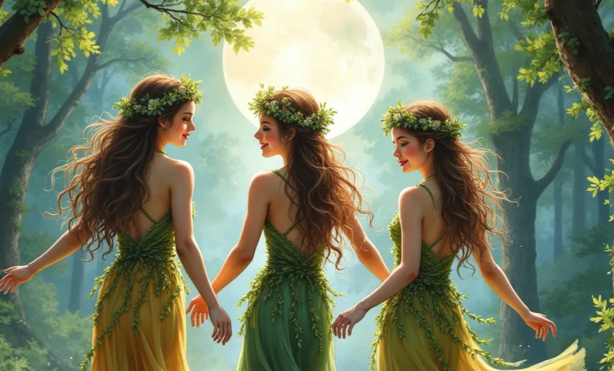 Nymphen als drei anmutige Frauen mit Blumenkränzen und langen Haaren, die in blattähnlichen Kleidern händchenhaltend bei Vollmond in einem Wald tanzen