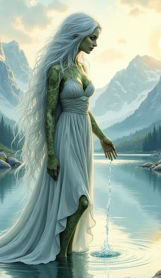 Oreade mit langen weißen Haaren und grün-gefleckter Haut in einem weißen Kleid, die an einem Bergsee steht und mit der Hand das Wasser berührt
