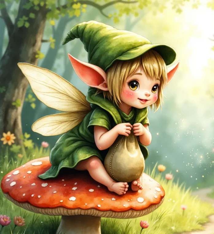 Pixie als niedliches, kleines Feenwesen mit blonden Haaren, spitzen Ohren und grüner Kleidung, das mit Flügeln auf einem Fliegenpilz sitzt und einen Beutel hält