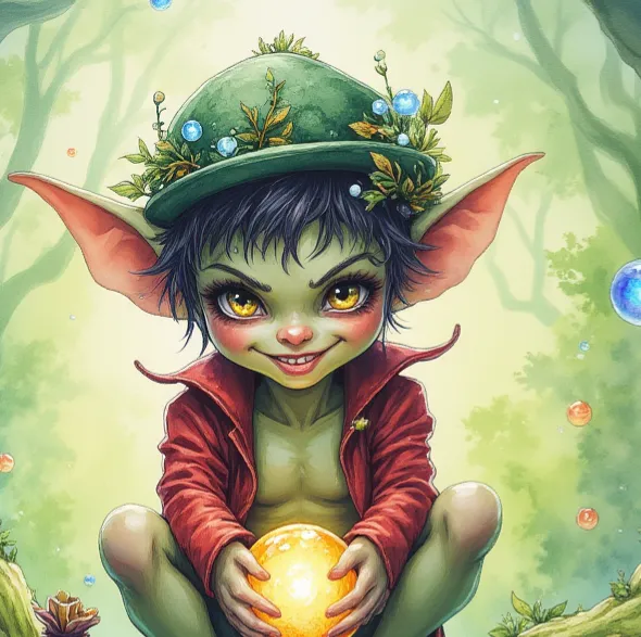 Puck als kleiner, grünlicher Kobold mit großen Ohren und gelben Augen, der einen Hut trägt, verschmitzt lächelt und eine leuchtende Kugel hält