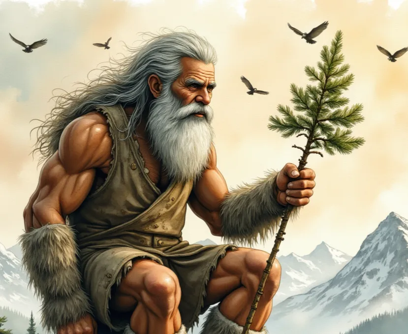 Riese als muskulöser, alter Mann mit langem weißem Bart und Fellkleidung, der in einer Berglandschaft sitzt und eine kleine Tanne als Stab hält