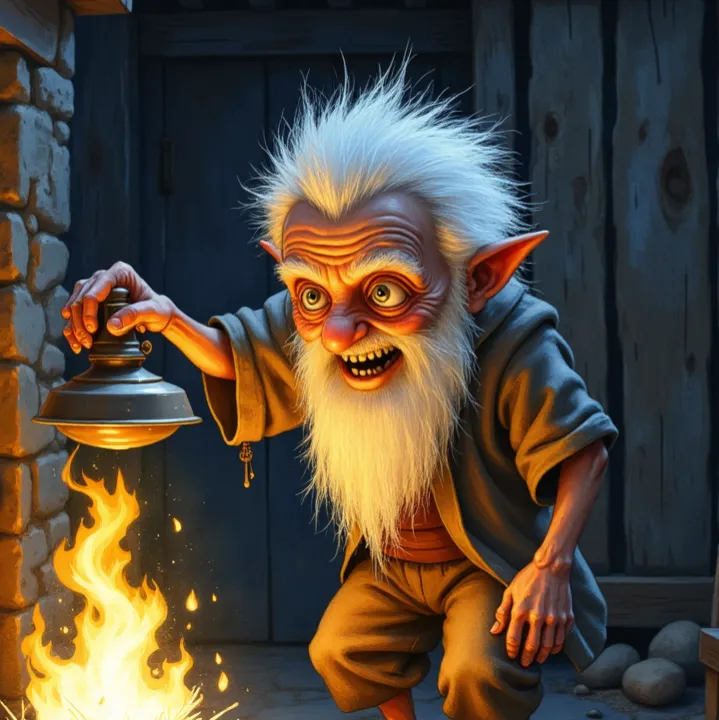 Schrat als alter Kobold mit wirrem weißem Haar, spitzem Bart und großen Augen, der grinsend eine Laterne über ein kleines Feuer hält