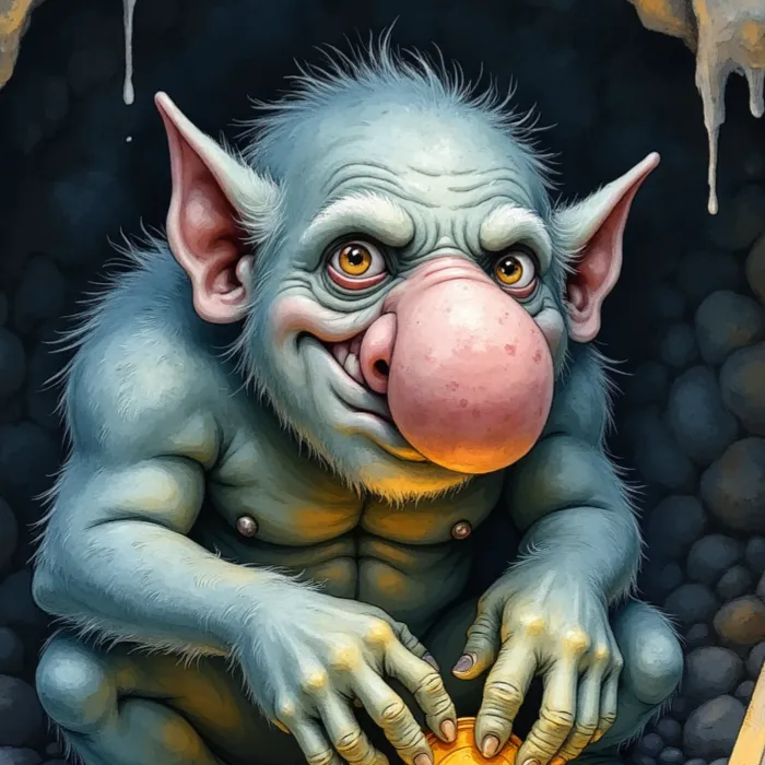 Troll mit bläulicher Haut, riesiger Knollennase und spitzen Ohren, der in einer Höhle kauert, verschmitzt lächelt und eine Goldmünze hält
