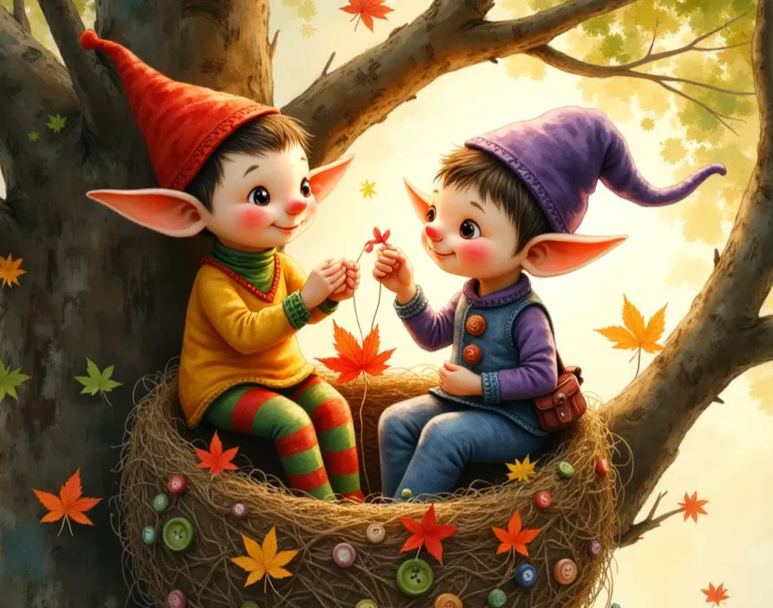 Wichtel als zwei niedliche Wesen mit Zipfelmützen und spitzen Ohren, die in einem mit Blättern und Knöpfen geschmückten Nest in einem Baum sitzen