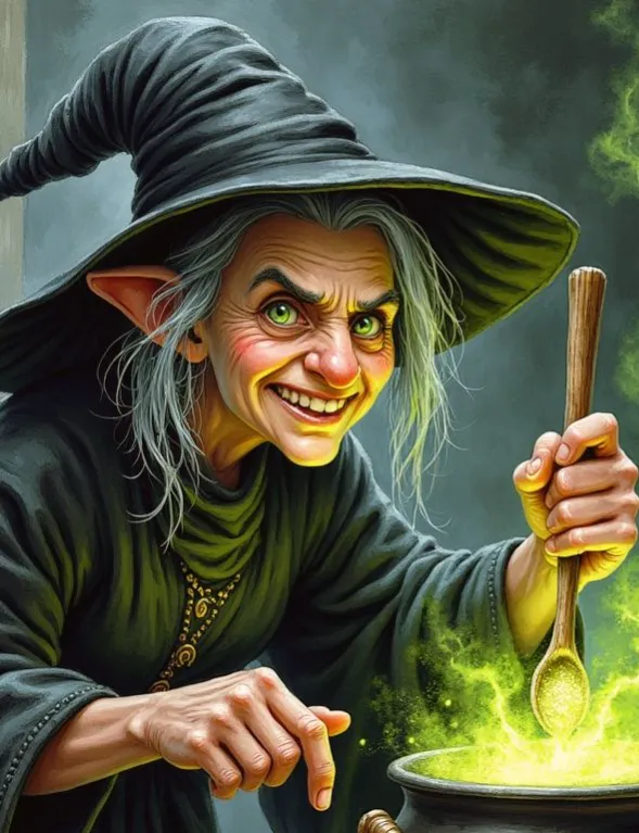 Eine Böse Hexe mit spitzem Hut, leuchtend grünen Augen und einem finsteren Lächeln, die mit einem Holzlöffel in ihrem brodelnden, giftgrünen Kessel rührt