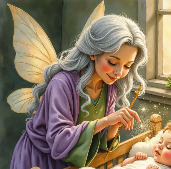 Eine Gute Fee mit silbernem Haar und zarten Flügeln, die mit ihrem Zauberstab schützend über einem schlafenden Baby in seiner Wiege schwebt