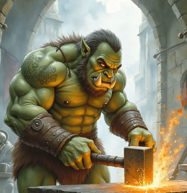Ein muskulöser, grünhäutiger Ork mit Hauern und finsterem Blick schmiedet mit einem großen Hammer ein glühendes Metallstück in einer Steinfestung