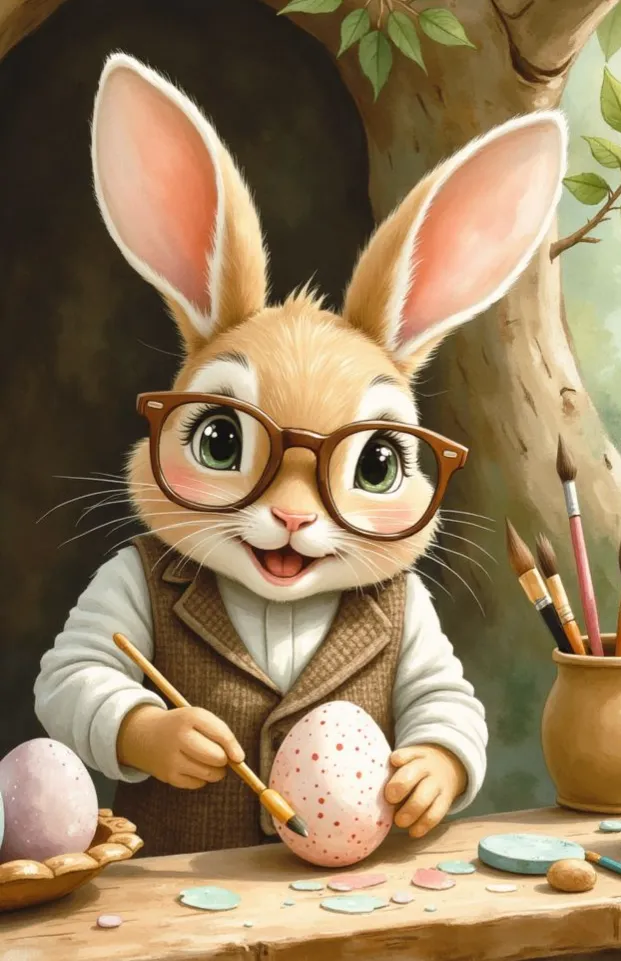 Ein niedlicher Osterhase mit Brille und Weste, der an einem Tisch sitzt und konzentriert ein Osterei mit einem Pinsel bemalt