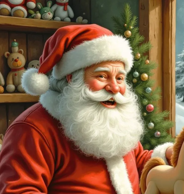 Der Weihnachtsmann mit weißem Rauschebart und roter Mütze, der in seiner Spielzeugwerkstatt mit einem freundlichen Lächeln ein Geschenk bereithält
