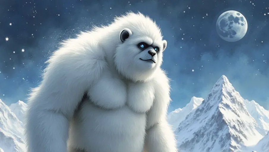 Ein großer Yeti mit weißem Fell und leuchtend blauen Augen steht in einer verschneiten Berglandschaft, während der Vollmond und Sterne am Nachthimmel leuchten