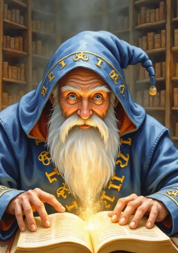 Ein alter Zauberer mit weißem Bart und blauer Robe, der in einer Bibliothek über einem aufgeschlagenen Buch sitzt, aus dem magisches, goldenes Licht strömt