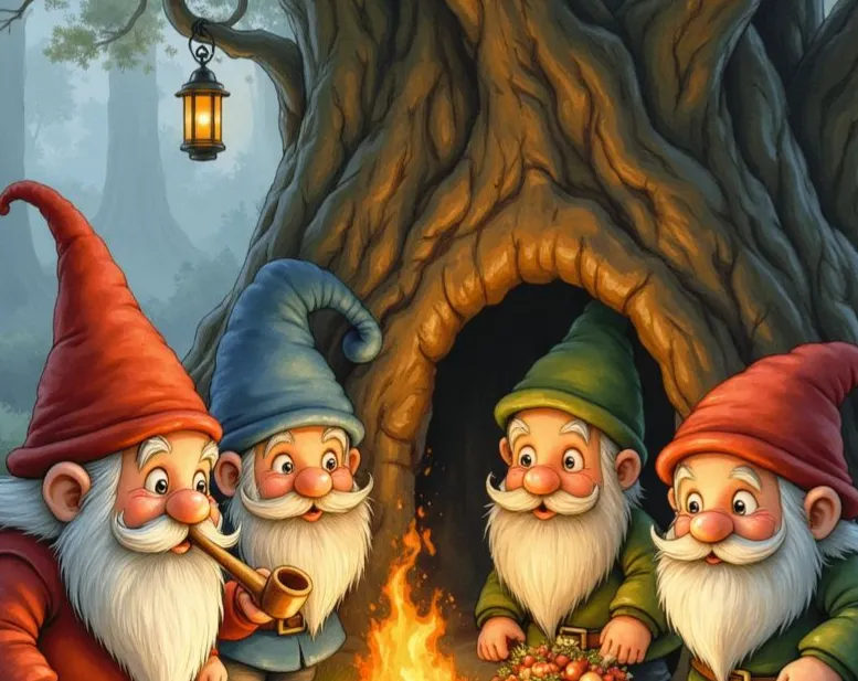 Vier Zwerge mit langen weißen Bärten und bunten Zipfelmützen, die sich in einem Wald gemütlich um ein knisterndes Lagerfeuer versammelt haben