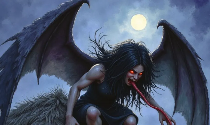 Der Aswang, eine weibliche Kreatur mit Fledermausflügeln, glühenden roten Augen und einer langen Reißzunge, kauert unter dem Vollmond am Nachthimmel