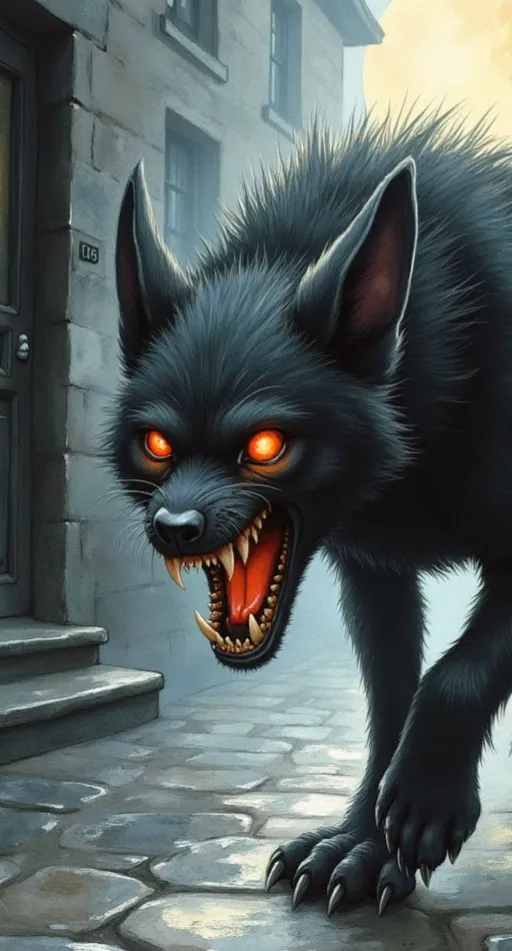 Der Barghest, ein großer schwarzer Hund mit zotteligem Fell, glühenden roten Augen und fletschenden Reißzähnen, lauert in einer dunklen Gasse