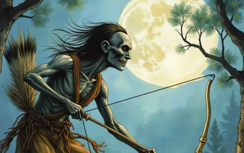 Der Baykok, ein abgemagerter, skelettierter Jäger mit wehendem schwarzen Haar, spannt im nächtlichen Wald seinen Bogen vor dem leuchtenden Vollmond