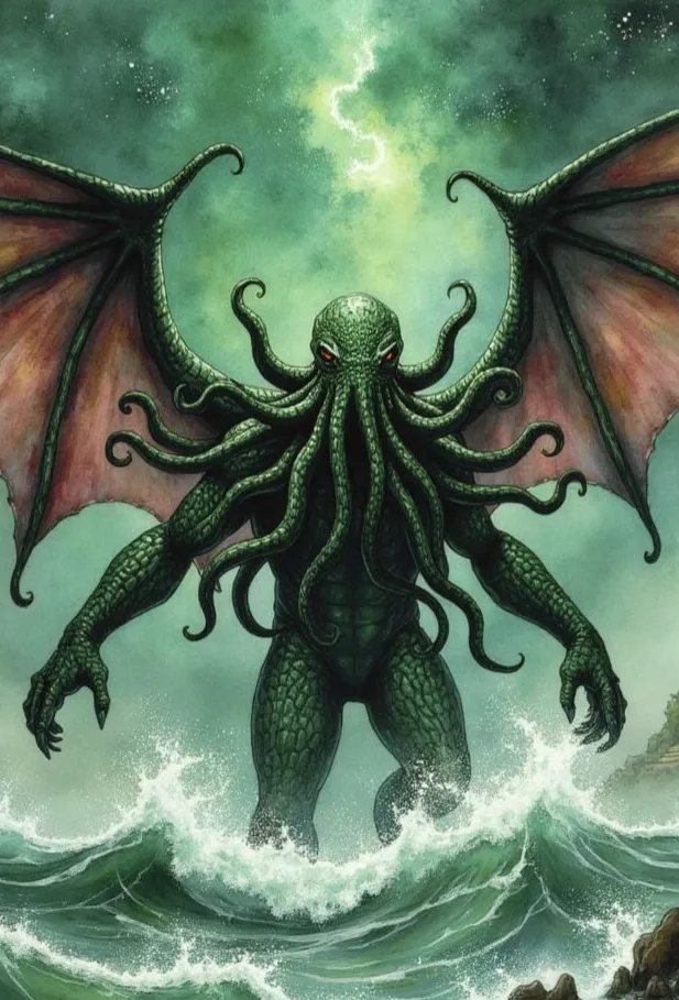 Cthulhu, eine kolossale Kreatur mit Oktopuskopf und Drachenflügeln, entsteigt dem aufgewühlten Meer unter einem stürmischen, grünen Himmel