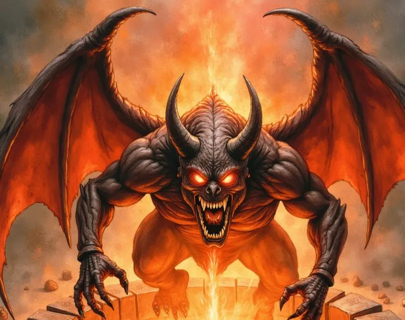 Ein muskulöser Dämon mit großen Hörnern, glühenden roten Augen und Fledermausflügeln, der aus einem feurigen Portal hervorbricht