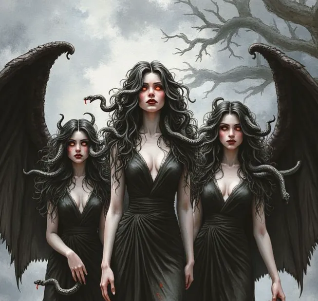 Die Erinnyen, drei unheimliche Frauen mit schwarzen Flügeln, Schlangen im Haar und rot glühenden Augen, stehen unter einem kahlen Baum