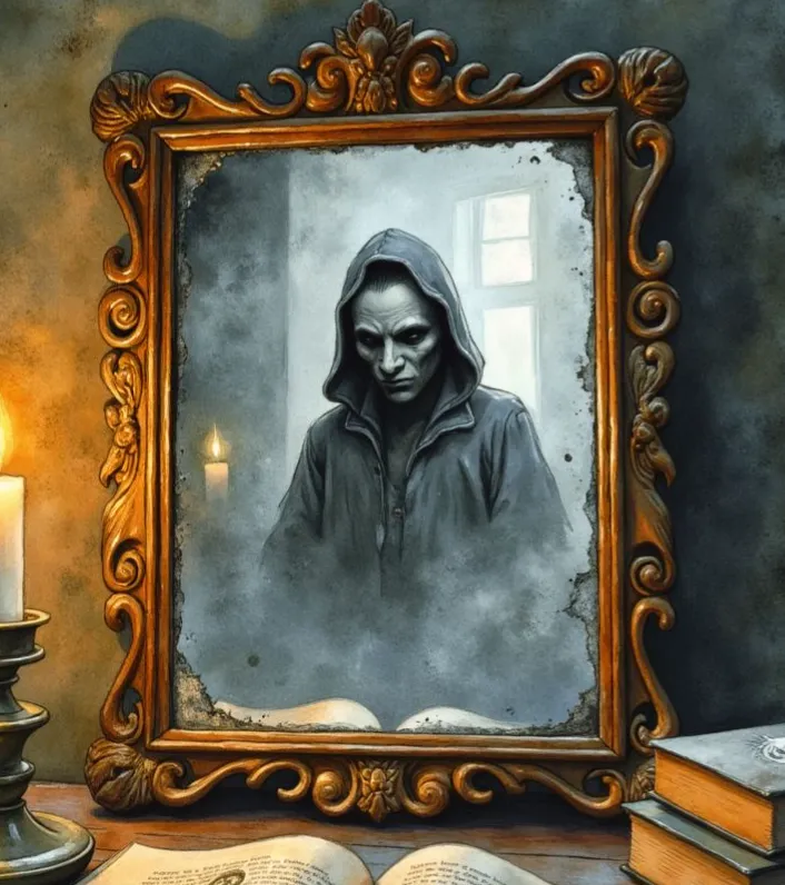 Ein Gespenst, eine unheimliche, hagere Gestalt mit Kapuze, erscheint in einem alten, verzierten Spiegel, der von Kerzenlicht beleuchtet wird