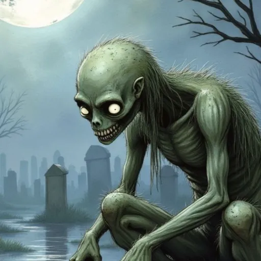 Ein Ghul, eine hagere, grünliche Kreatur mit leuchtenden Augen und dünnem Haar, kauert in einer sumpfigen Friedhofslandschaft bei Vollmond