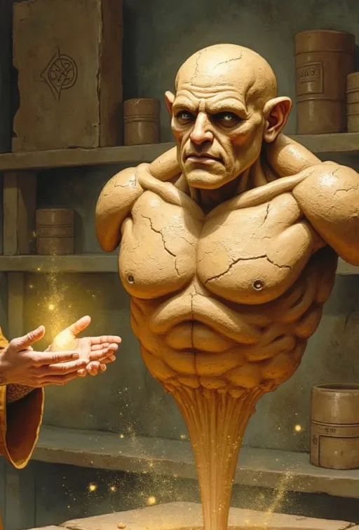 Ein Golem, eine muskulöse Figur aus rissigem Lehm, wird von einem Magier mit leuchtender Energie in einer Werkstatt zum Leben erweckt