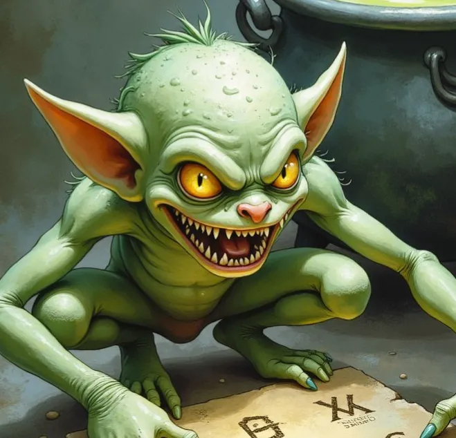 Ein Imp, ein kleiner grüner Kobold mit spitzen Ohren und gelben Augen, hockt zähnefletschend über einer magischen Schriftrolle vor einem Kessel