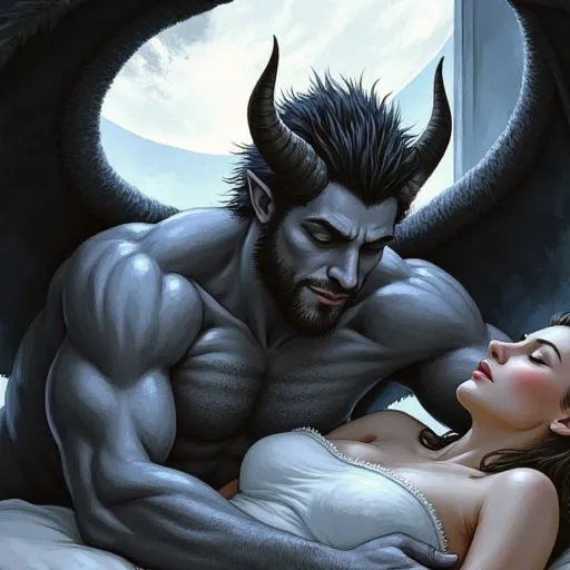 Ein Incubus, ein muskulöser Dämon mit Hörnern und schwarzen Flügeln, beugt sich im Mondschein über eine schlafende Frau