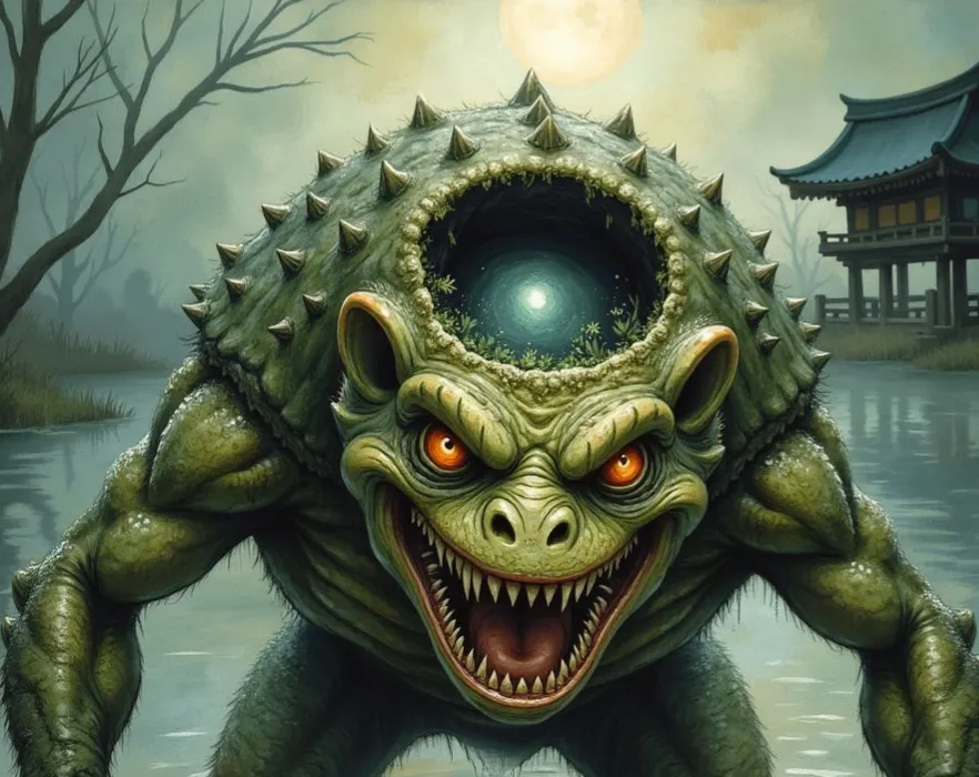 Ein Kappa, ein grüner, reptilienartiger Wasserdämon mit einem Panzer und einer wassergefüllten Schale auf dem Kopf, steht zähnefletschend in einem Gewässer