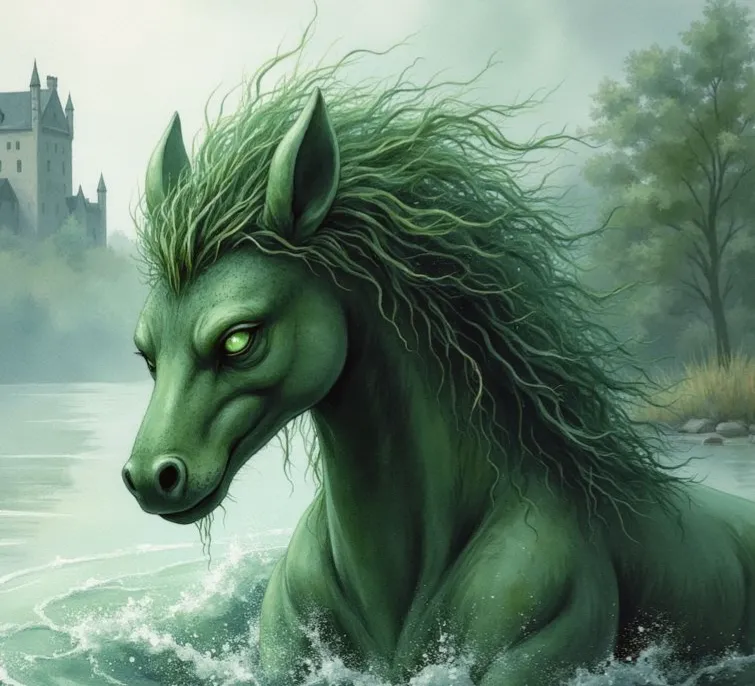 Ein Kelpie, ein muskulöses, grünes Pferd mit leuchtenden Augen und algenartiger Mähne, steigt aus einem Gewässer, im Hintergrund eine Burg