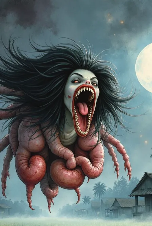 Die Krasue, der fliegende Kopf einer Frau mit langen Haaren und heraushängenden Organen, schwebt bei Vollmond über einem nächtlichen Dorf