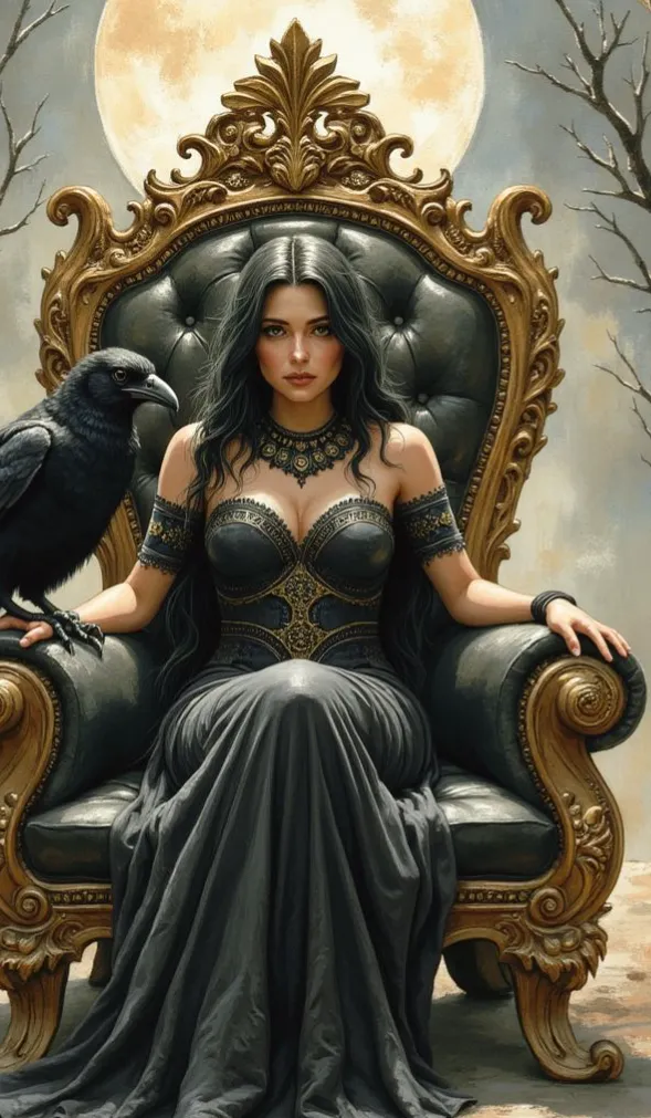 Lilith, eine anmutige Frau mit langem, schwarzem Haar, sitzt in einem dunklen Kleid auf einem verzierten Thron, neben ihr ein schwarzer Rabe
