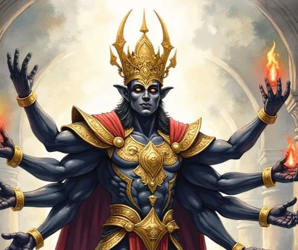 Ein Rakshasa, ein mächtiger Dämon mit dunkler Haut, mehreren Armen und einer goldenen Krone, hält in jeder Hand eine Flamme