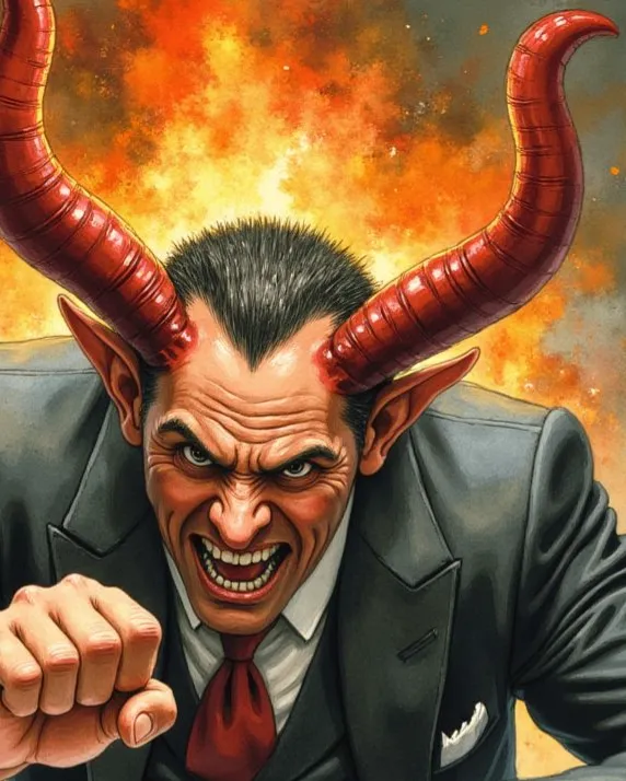 Satan als diabolisch grinsender Mann im Anzug mit großen roten Hörnern, der mit geballter Faust vor einem feurigen Hintergrund sitzt