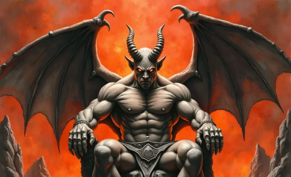 Der Teufel, eine muskulöse Gestalt mit Hörnern, glühenden Augen und Fledermausflügeln, sitzt herrschaftlich auf einem Thron vor einem feurigen Hintergrund