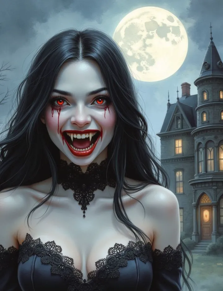 Ein Vampir, eine blasse Frau mit roten Augen und Reißzähnen, lächelt blutverschmiert in die Kamera, im Hintergrund ein Anwesen bei Vollmond