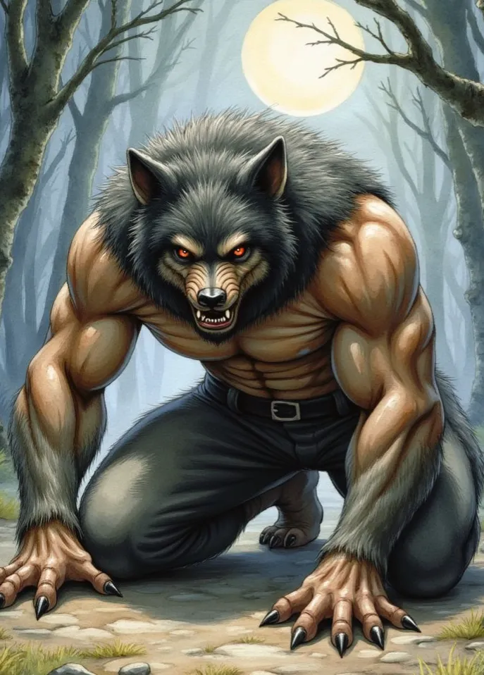 Ein Werwolf, eine muskulöse Mischung aus Mensch und Wolf, kauert mit glühenden Augen und Krallen im Wald vor dem leuchtenden Vollmond