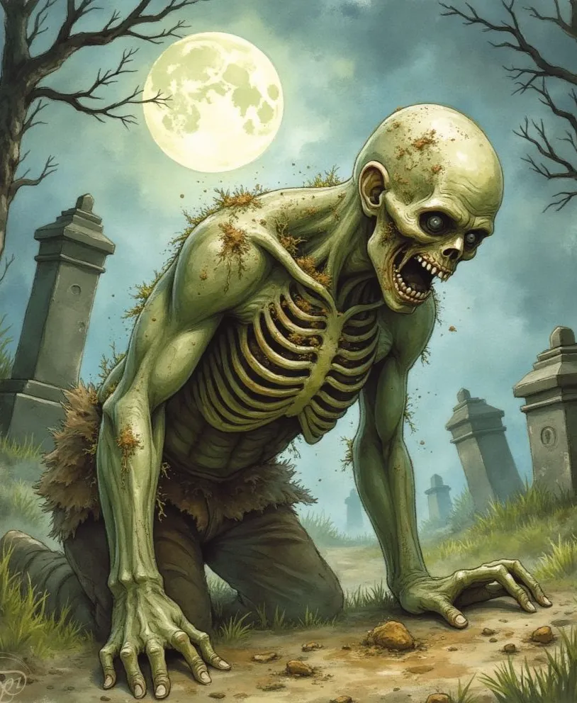 Ein Zombie, ein verwesender Leichnam mit entblößtem Brustkorb, kriecht bei Vollmond über einen düsteren Friedhof